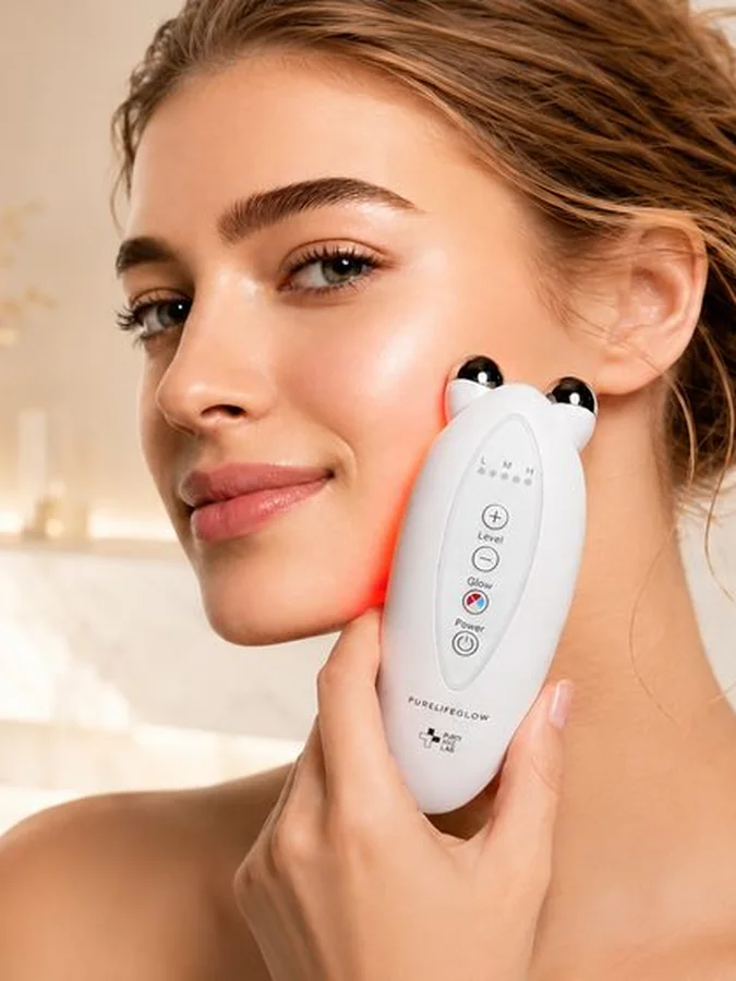 Smiling woman holding PureLift GLOW to her cheek