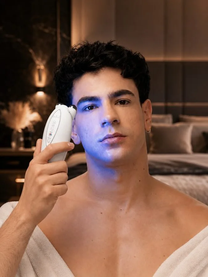 Man using PureLift GLOW with the blue light on his cheek